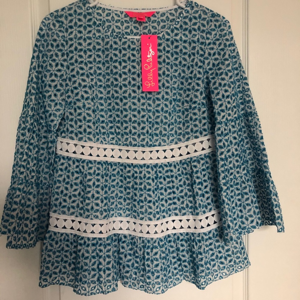 Lilly Pulitzer~Aqua & White eyelet shirt~XXS~NWT